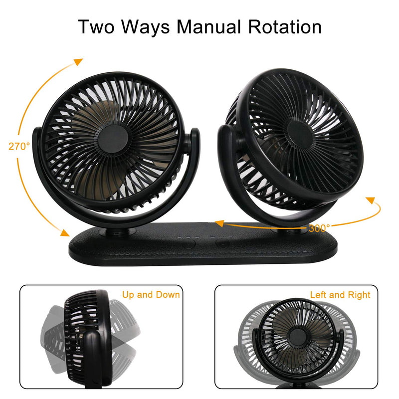 TriPole Car Fan Portable Vehicle Fan Dual Head Electric Fan Vehicle Mounted USB Fan 300 Degree Rotation Auto Cooling Fan 3 Speed Strong Wind Desk Fan for Dashboard SUV RV Truck Sedan Home Office - LeoForward Australia