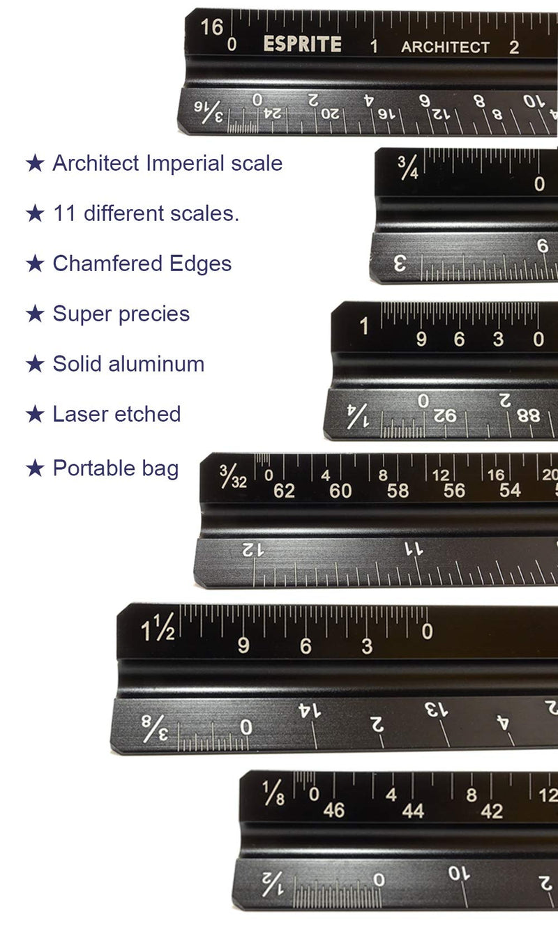 Architectural Scale Ruler, Engineering Scale and 12 inch Metal Ruler Set, Machinist Ruler Triangular Scale Drafting Ruler Architecture Ruler, Laser Etched Metal Scale Rulers-3 PCS - LeoForward Australia