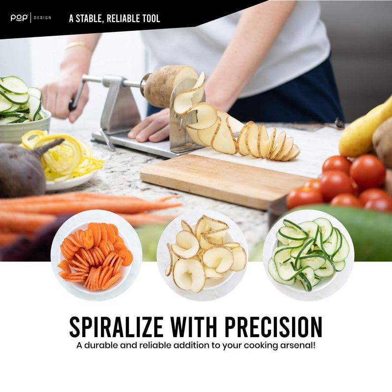  [AUSTRALIA] - POP, Stainless Steel Vegetable Spiralizer, Spiral Vegetable and Potato Cutter, Includes 3 Blade Size Options, Wooden Handle, No-Slip Suction Base, Perfect for Curly Fries, Noodle Maker, and Zoodler