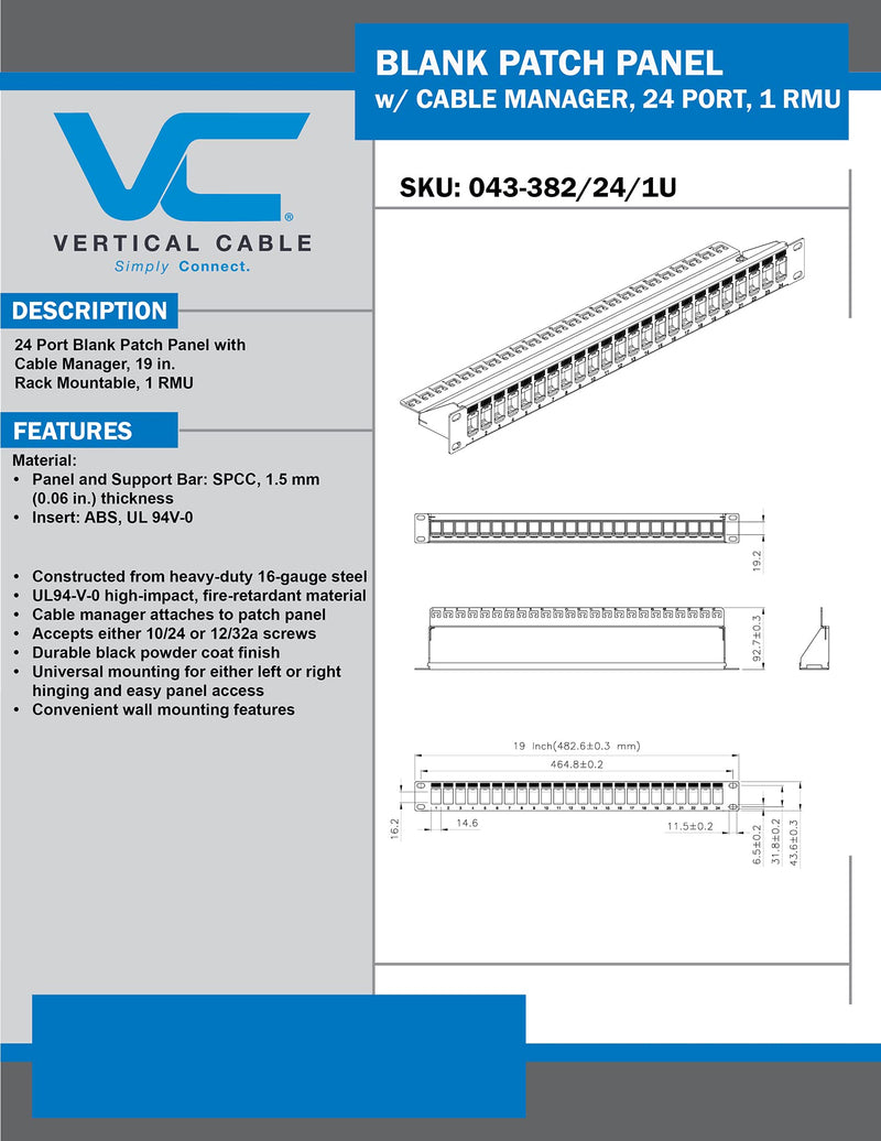  [AUSTRALIA] - Vertical Cable 24 Port Blank Patch Panel - 1U