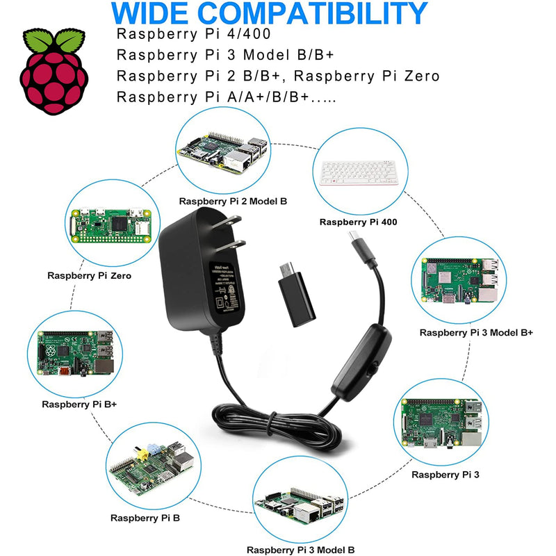  [AUSTRALIA] - Miuzei Raspberry Pi 4 Power Supply with Switch, 5V 3A Power Supply Compatible with Raspberry Pi 4 Model B, USB-C Charger Power Adapter for RPI 4B, with Type-C & Micro USB Adapter for Raspberry Pi 3B+