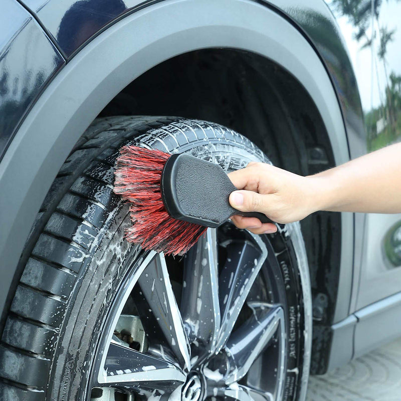  [AUSTRALIA] - Wheel & Tire Brush, Soft Bristle Car Wash Brush, Free Detailing Brush, Cleans Dirty Tires & Releases Dirt and Road Grime, Short Handle for Easy Scrubbing