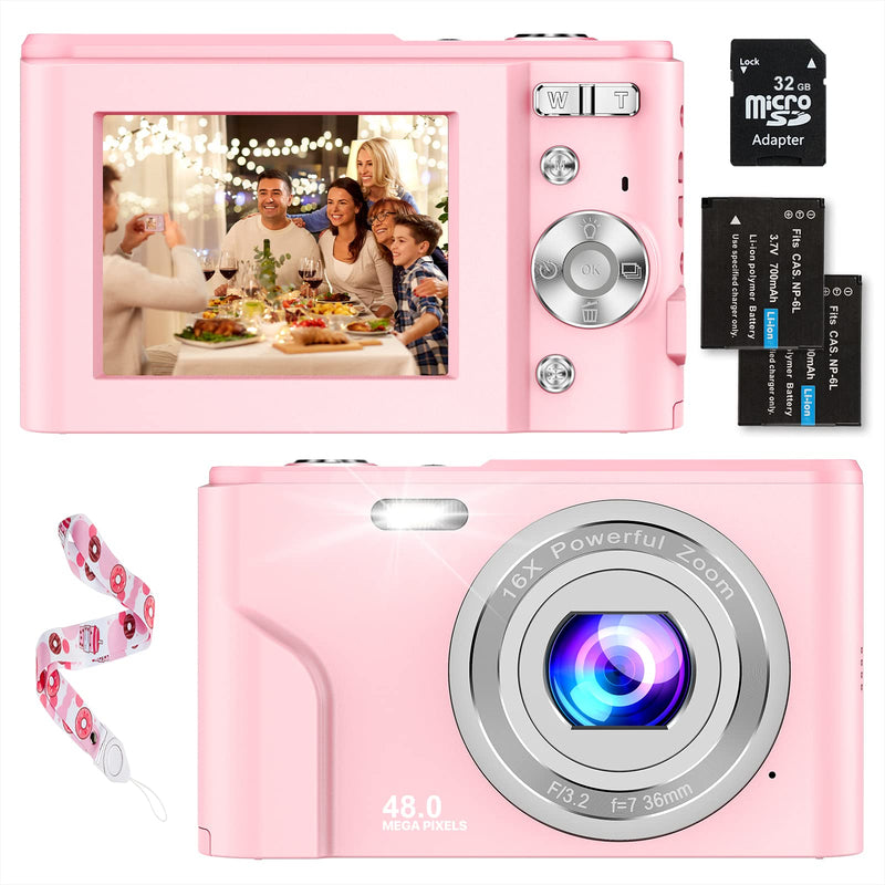  [AUSTRALIA] - Digital Baby Camera for Kids Teens Boys Girls Adults,1080P 48MP Kids Camera with 32GB SD Card,2.4 Inch Kids Digital Camera with 16X Digital Zoom, Compact Mini Camera Kid Camera for Kids/Student（Pink） Pink