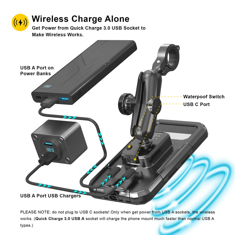  [AUSTRALIA] - Waterproof IP67 Motorcycle Wireless Phone Mount Qi/USB C 3.0 Cellphone Holder Charger-iMESTOU Anti-Thief Handlebar Phone Mounts Double Socket Arm Aluminium Base 720° Rotation for 5.5-6.8" Smartphones L(For 5.5"-6.8" Phones)