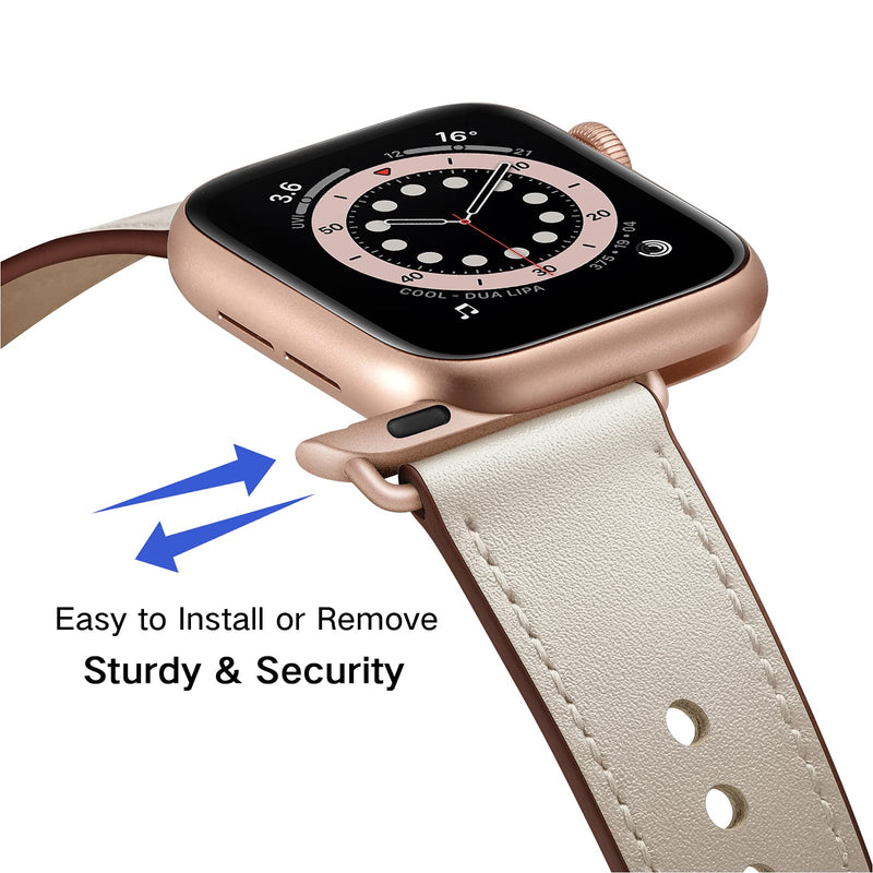  [AUSTRALIA] - OUHENG Compatible with Apple Watch Band 41mm 40mm 38mm 45mm 44mm 42mm, Genuine Leather Bands Replacement Strap for iWatch SE Series 7 6 5 4 3 2 1 (Beige/Rose Gold, 41mm 40mm 38mm) Beige/Rose Gold 41mm/40mm/38mm