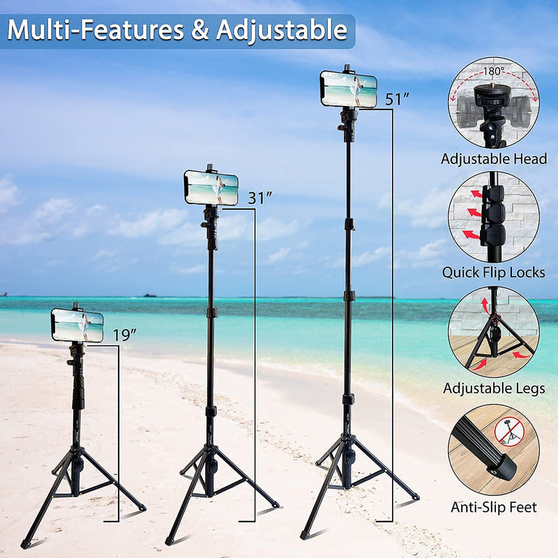 Fugetek 51" Professional Selfie Stick & Tripod, Phone Holder, Extendable, Bluetooth Remote, Portable All in One, Heavy Duty Aluminum, Compatible with iPhone & Android Devices, Non Skid Feet, Black - LeoForward Australia