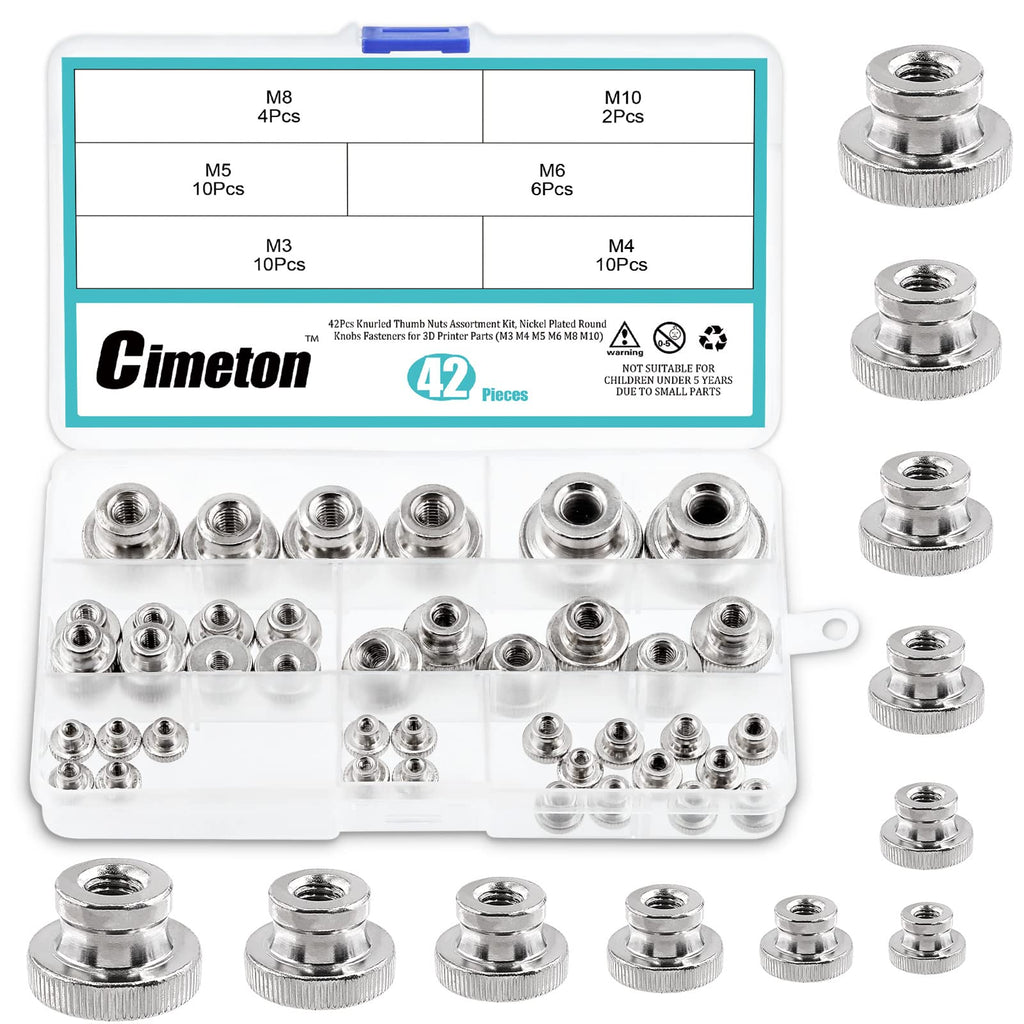  [AUSTRALIA] - Cimeton 42Pcs Knurled Thumb Nuts Kit, M3 M4 M5 M6 M8 M10 Iron Round Knobs Fasteners for 3D Printer Parts Tool Boxes (Assortment Kit) Assortment Kit