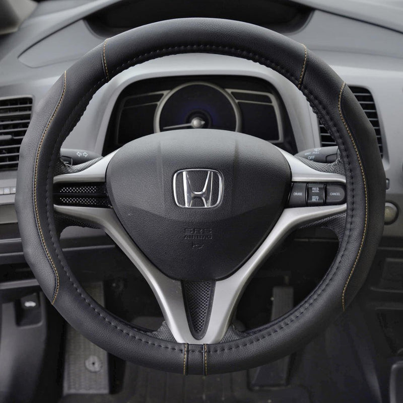  [AUSTRALIA] - Motor Trend GripDrive Pro Synthetic Comfort Leather Grip Steering Wheel Cover for Cars Trucks Vans SUVs (Black / Beige Accent Stitching) (Small Size 13.5 - 14.5 Inch) Black / Beige Accent Stitching Small (13.5 - 14.5")