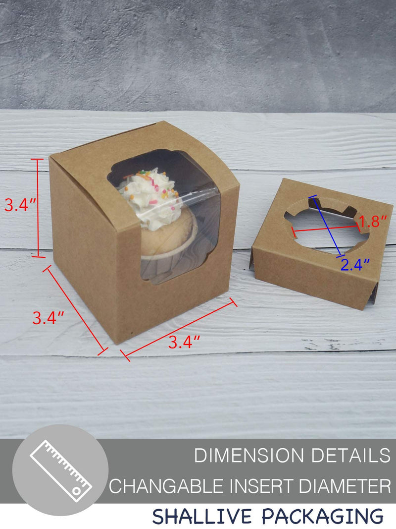  [AUSTRALIA] - SHALLIVE Kraft Paper Cupcake Boxes Individual 15 Pack with Window and Sturdy Insert, 3.4" x 3.4" x 3.4" Pre-Assembled for Easy Assembly Brown