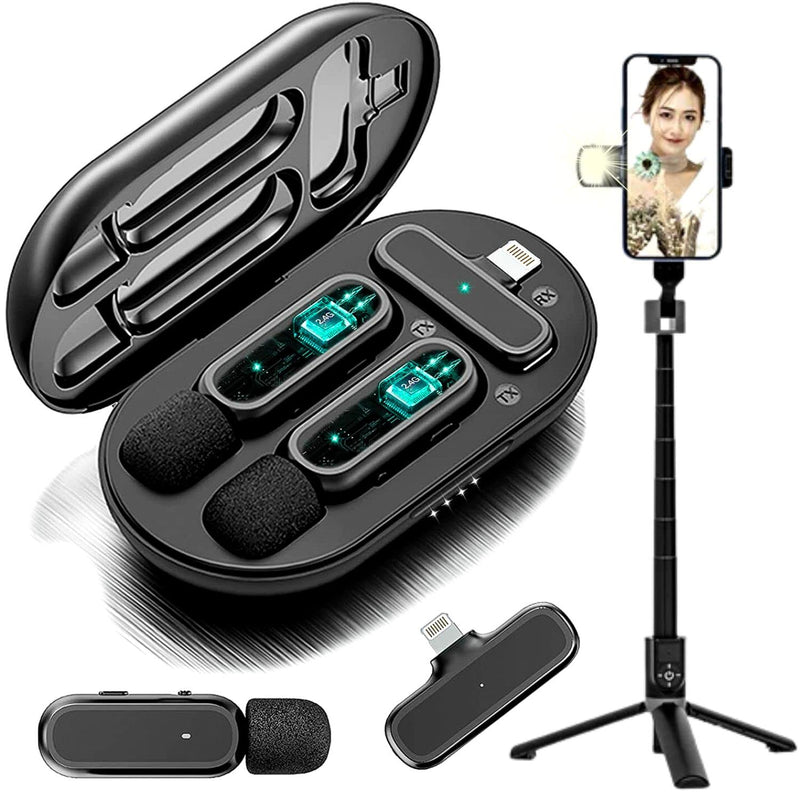  [AUSTRALIA] - Wireless Microphone for iPhone with Tripod (2 Pack) - Professional Vlog Kit - 12H Runtime 70ft Range - Clip-On Mini Lapel Microphones for Interviews, Vlogs & Podcasts