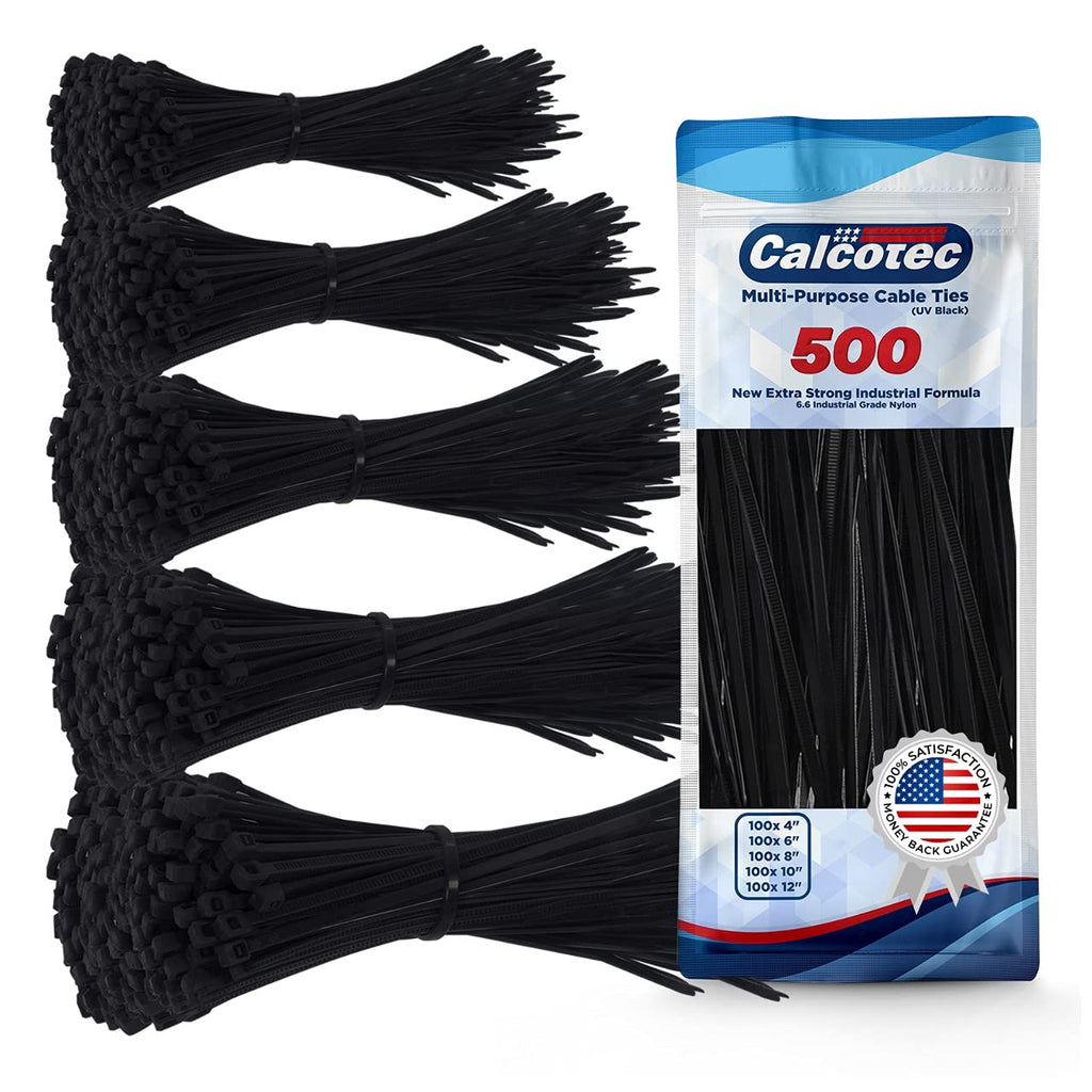  [AUSTRALIA] - 500x Black Zip Ties | Self-Locking Cable Ties | 4" / 6" / 8" / 10" /12" x 0.19" extra strength 6.6 Nylon Zip Ties | 100pcs each size 500x