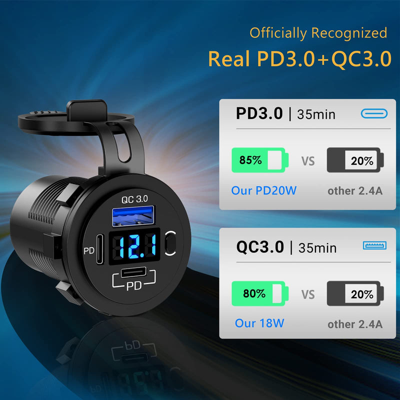  [AUSTRALIA] - 12V USB Charger Socket OUFFUN Dual 30W PD3.0 USB C Port and 18W QC3.0 12 Volt USB Outlet with Voltmeter and Power Switch, Waterproof Cigarette Lighter Replacement DIY Kit for Car Marine Truck RV, etc.