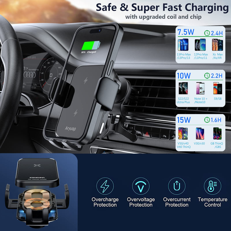  [AUSTRALIA] - 15W Fast Wireless Car Charger Mount - Auto Alignment Clamping Wireless Car Phone Charger, Dashboard Windshield Wireless Charging Car Holder for iPhone14/13/12/11/Pro Max/Samsung Galaxy (Dual Coil)