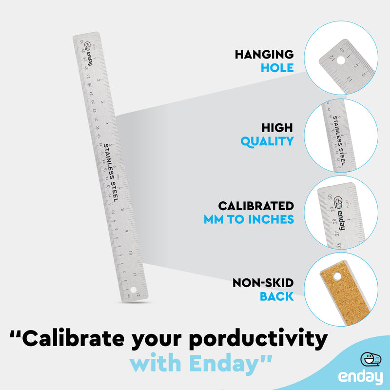  [AUSTRALIA] - Stainless Steel Ruler, Metal Precision Ruler 12 inch / 30 cm Non- Slip Rubber Back, Premium Straight Edge Inch and Metric Steel Ruler, Construction Woodworking Drawing and Art Ruler, 2 Pc – by Enday