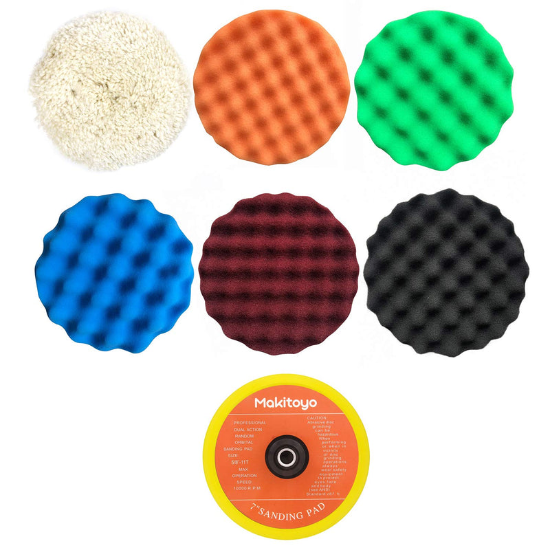  [AUSTRALIA] - Makitoyo Premium Quality 7-Inch Buffing and Polishing Pad Kit, 5pc of 7" Polishing Sponge Pad & 1 pc Wool Polishing Pads, 1pc Velcro Sanding Pad Kit-7pcs set