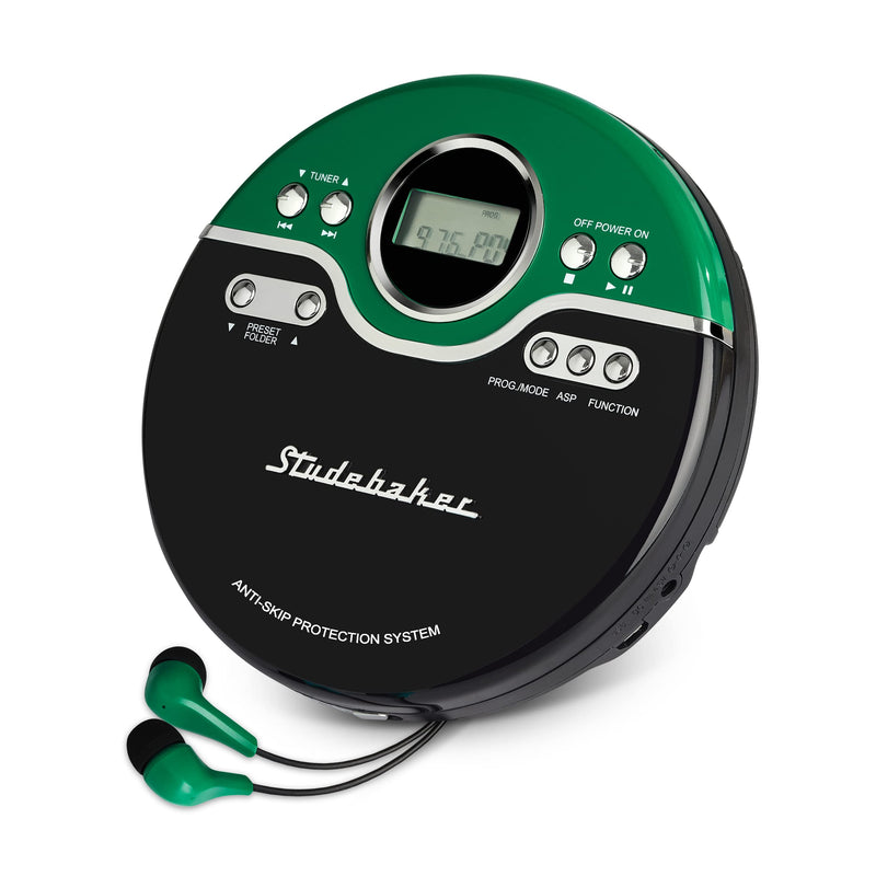  [AUSTRALIA] - Studebaker SB3704 Green Retro Portable Personal CD Player CD/MP3/WMA | FM Radio LCD Display Bass Boost 60-Second Anti Skip | Color Earbuds Included (Limited Edition)