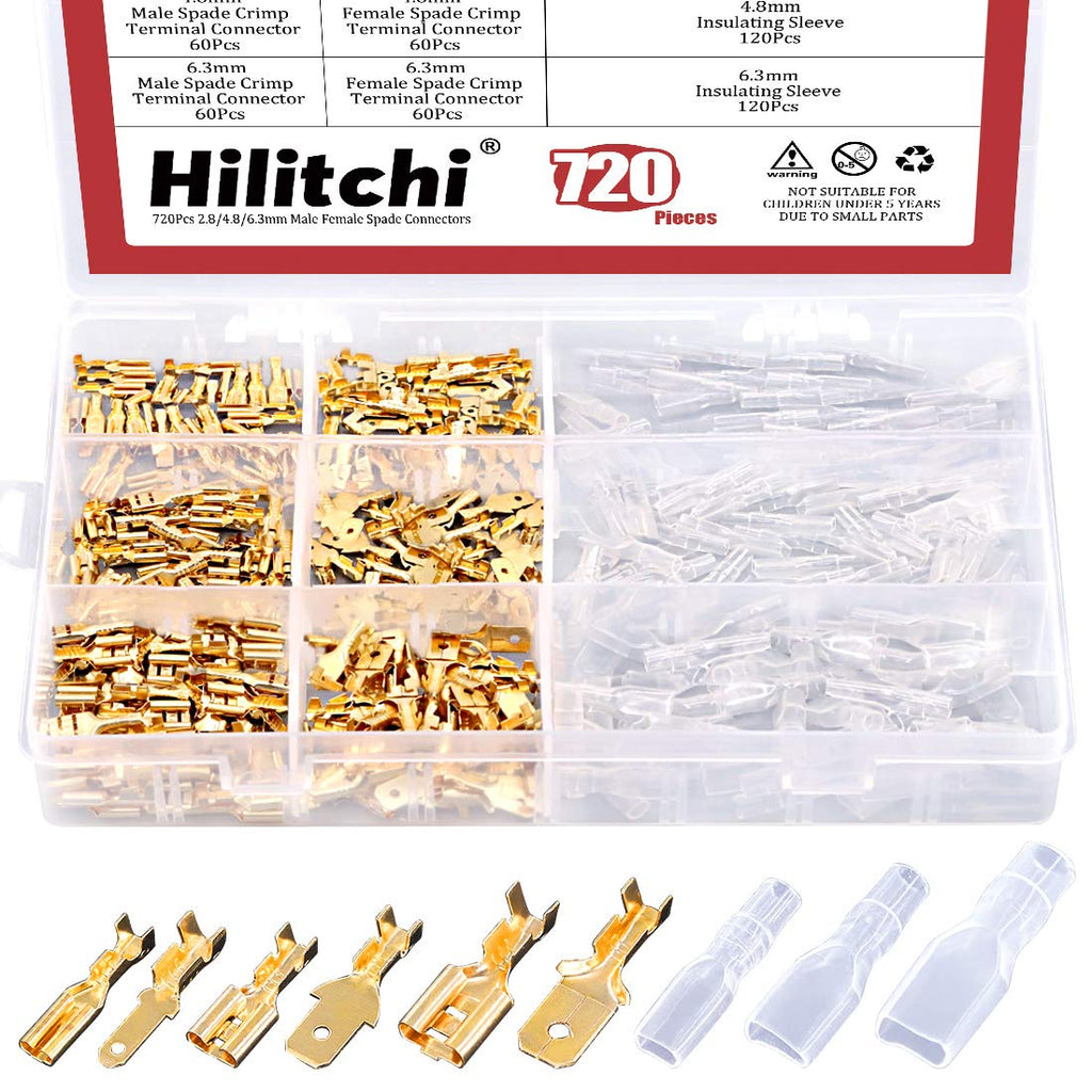  [AUSTRALIA] - Hilitchi 720Pcs Gold Quick Splice Male and Female Wire Spade Connector Wire Crimp Terminal Block with Insulating Sleeve for Electrical Wiring Car Audio Speaker, 2.8mm 4.8mm 6.3mm Assortment Kit