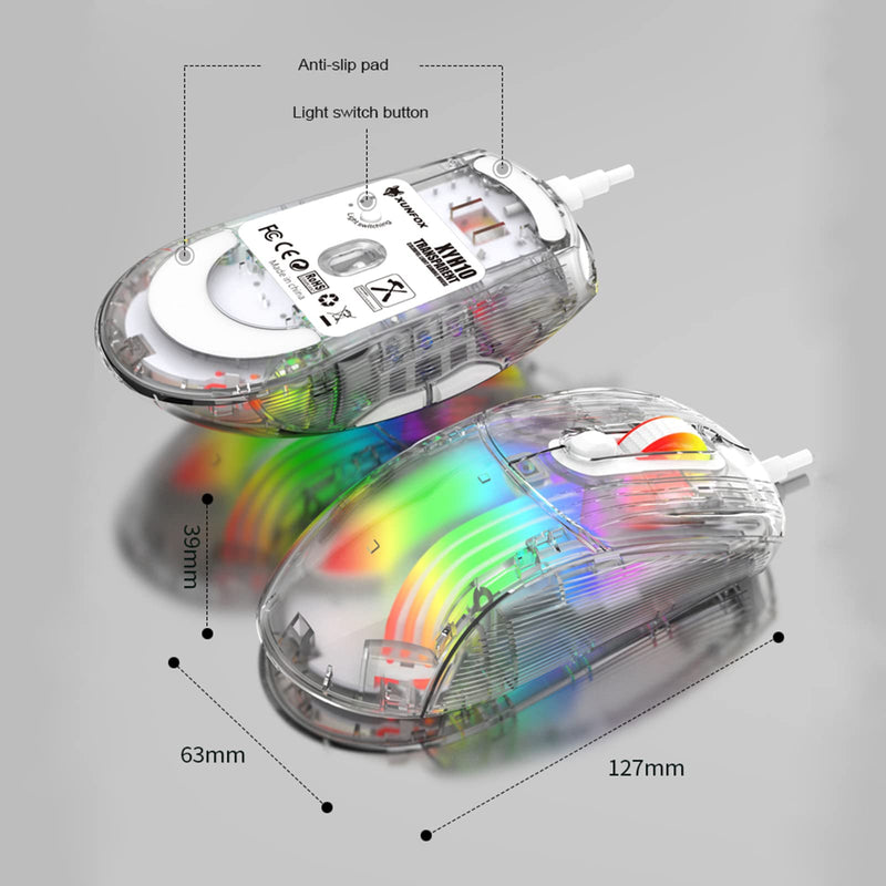  [AUSTRALIA] - HXMJ Wired USB Gaming Mice with Transparent Crystal Shell,Silent Click,RGB Backlit,7200 DPI-White White