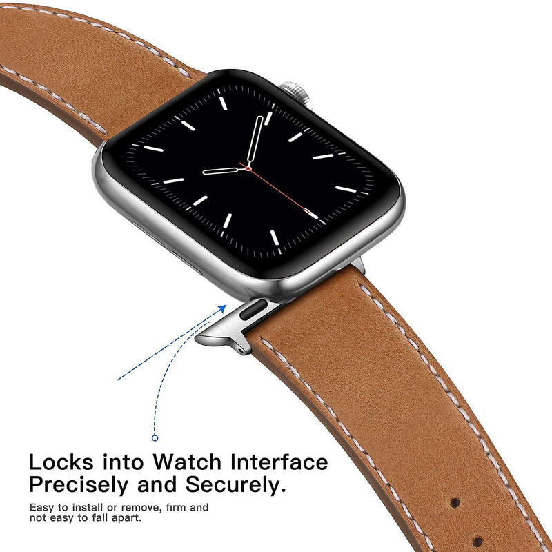  [AUSTRALIA] - Marge Plus Compatible with Apple Watch Band Series SE 7 6 5 4 3 2 1 45mm 41mm 44mm 40mm 42mm 38mm, Genuine Leather Replacement Band for iWatch, Leather Apple Watch Strap for Women & Men, Brown A-Brown/Silver 38mm / 40mm / 41mm