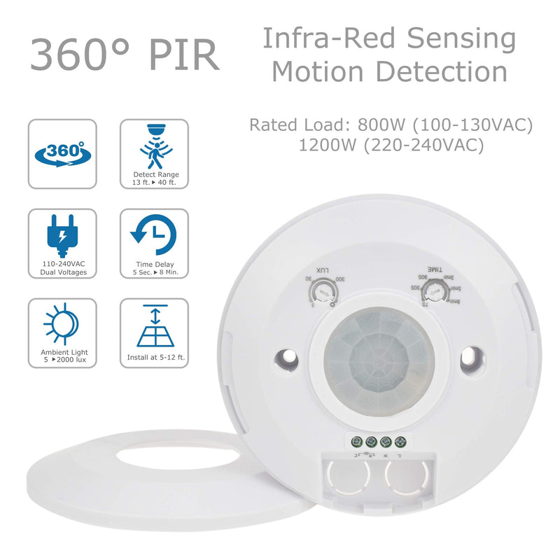  [AUSTRALIA] - J.LUMI YCA1050 PIR Motion Sensor Light Switch 2000W, Ceiling Mount Motion Sensor Ceiling Motion Sensor Switch, PIR Sensor, Slim Profile, White (85-265V AC)