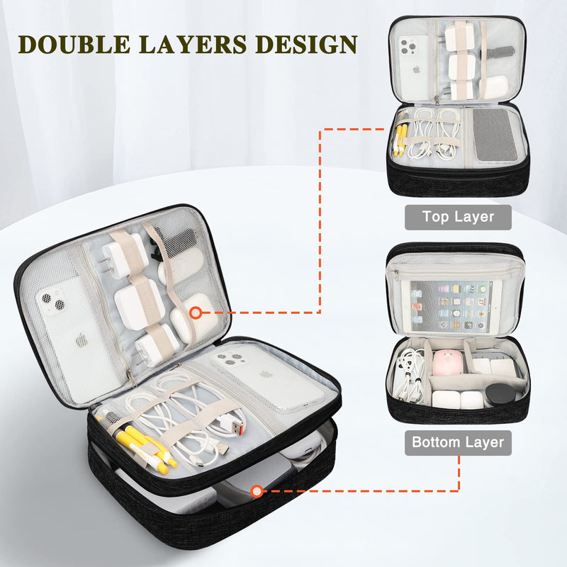  [AUSTRALIA] - FYY Electronic Organizer, Travel Cable Organizer Bag Pouch Electronic Accessories Carry Case Portable Waterproof Double Layers Storage Bag for Cable, Cord, Charger, Phone, Earphone, Large Size-Black Double Layer-l Black