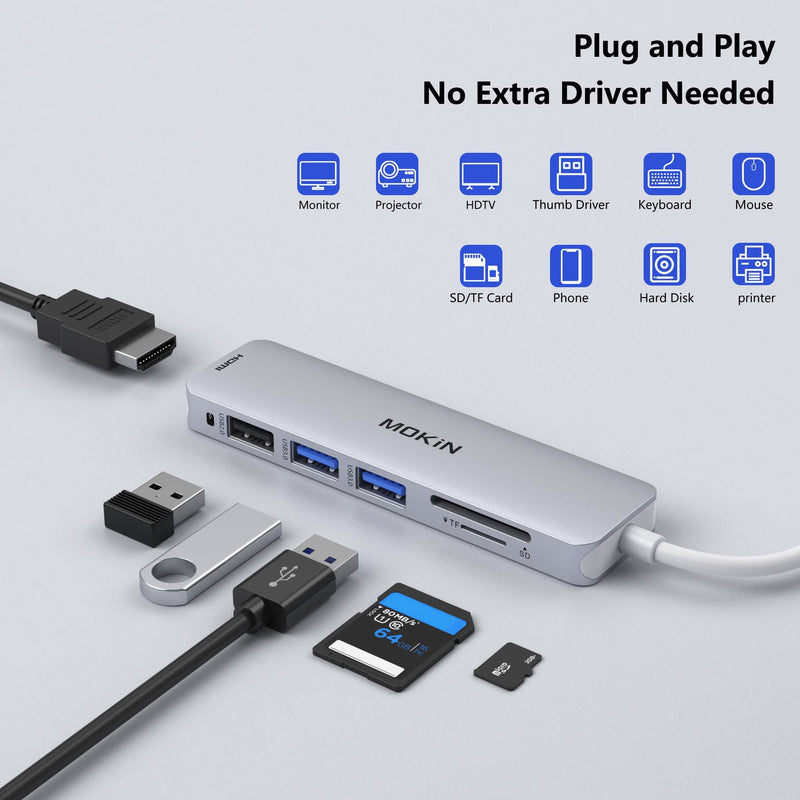 USB C Hub HDMI Adapter for MacBook Pro 2019/2018/2017, MOKiN 5 in 1 Dongle USB-C to HDMI, Sd/TF Card Reader and 2 Ports USB 3.0 (Silver) Silver - LeoForward Australia