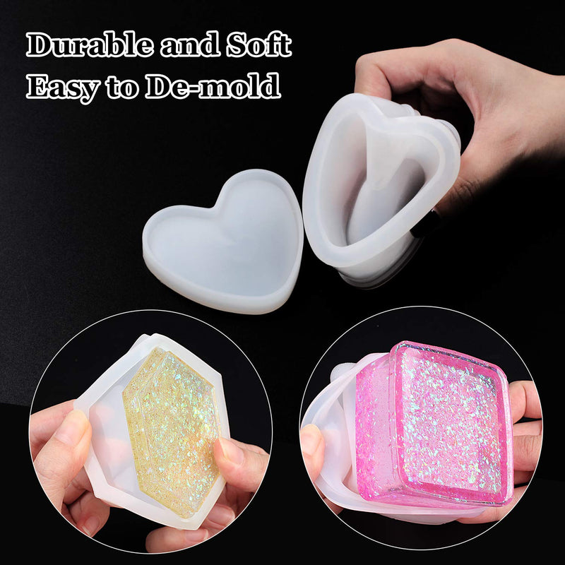  [AUSTRALIA] - Box Resin Molds, Jewelry Box Molds with Heart Shape Silicone Resin Mold, Hexagon Storage Box Mold and Square Epoxy Molds for Making Resin Molds Box Resin Molds