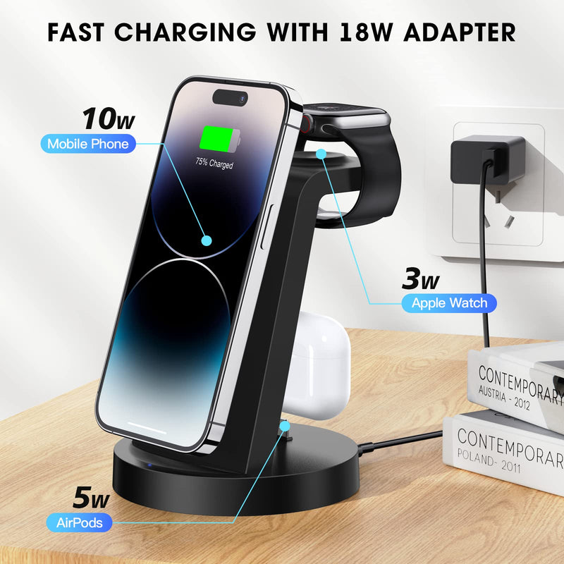  [AUSTRALIA] - 3 in 1 Charging Station for iPhone, Wireless Charger for iPhone 14 13 12 11 X Pro Max & Apple Watch - Charging Stand Dock for AirPods Black