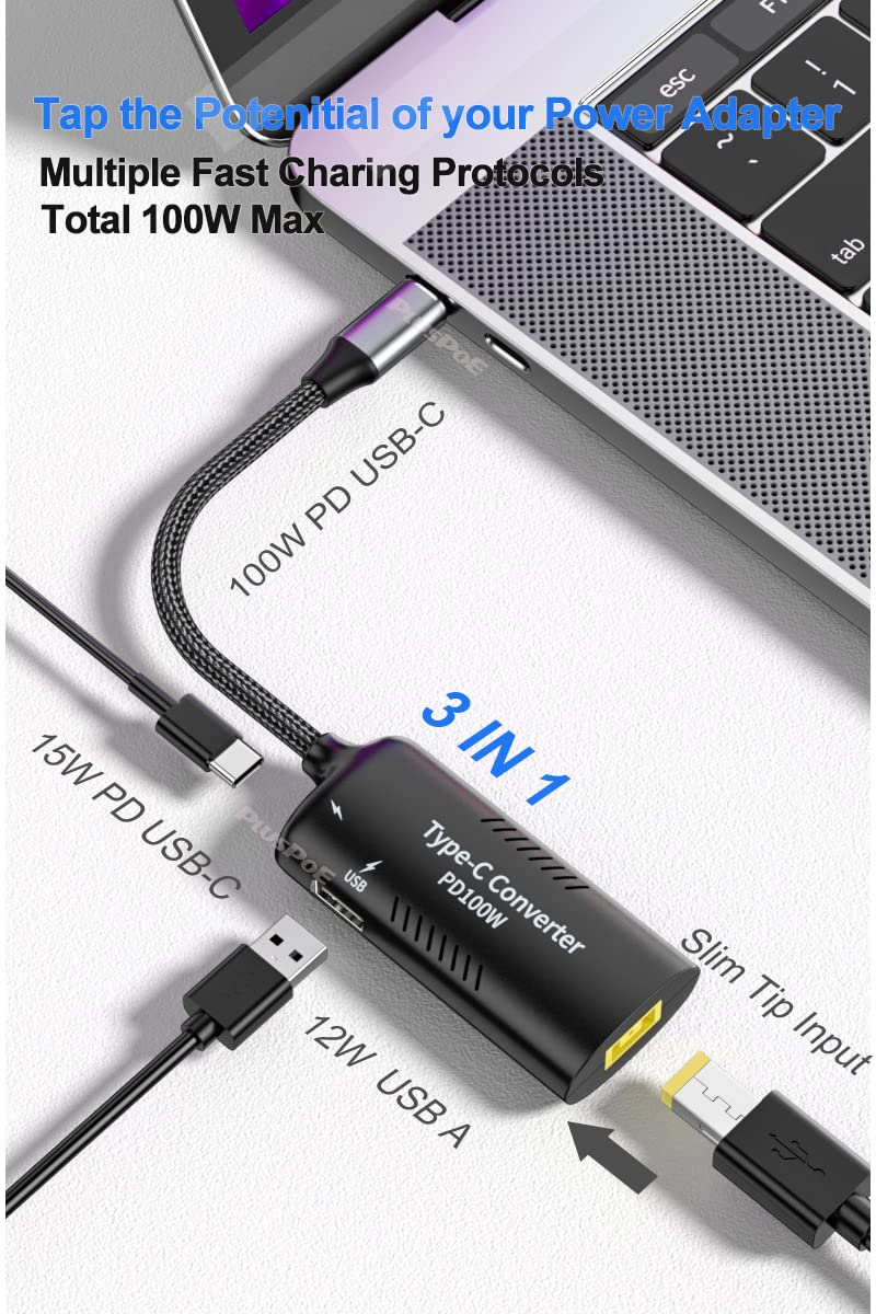  [AUSTRALIA] - USB C to Slim Tip Adapter, PD3.0 Fast Multi-Port Charging for Convert Lenovo Square Slim Tip to Type-C Power for Lenovo Thinkpad MacBook Chromebook