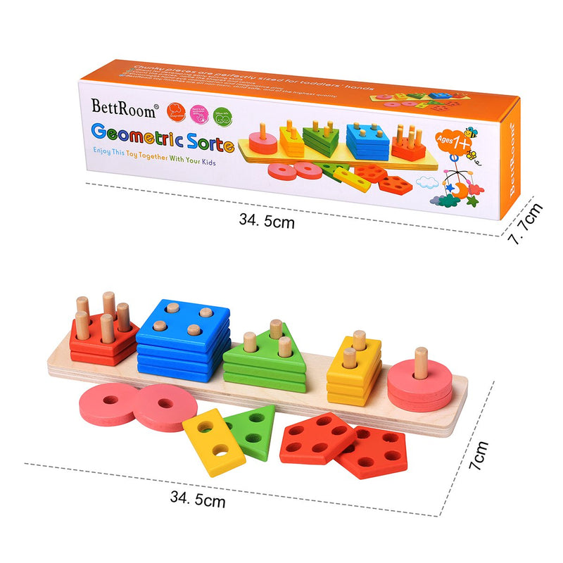 BettRoom Wooden Educational Preschool Toddler Toys for 3 4-5 Year Old Boys Girls Shape Color Recognition Geometric Board Blocks Stack Sort Kids Children Non-Toxic Toy(14IN) - LeoForward Australia
