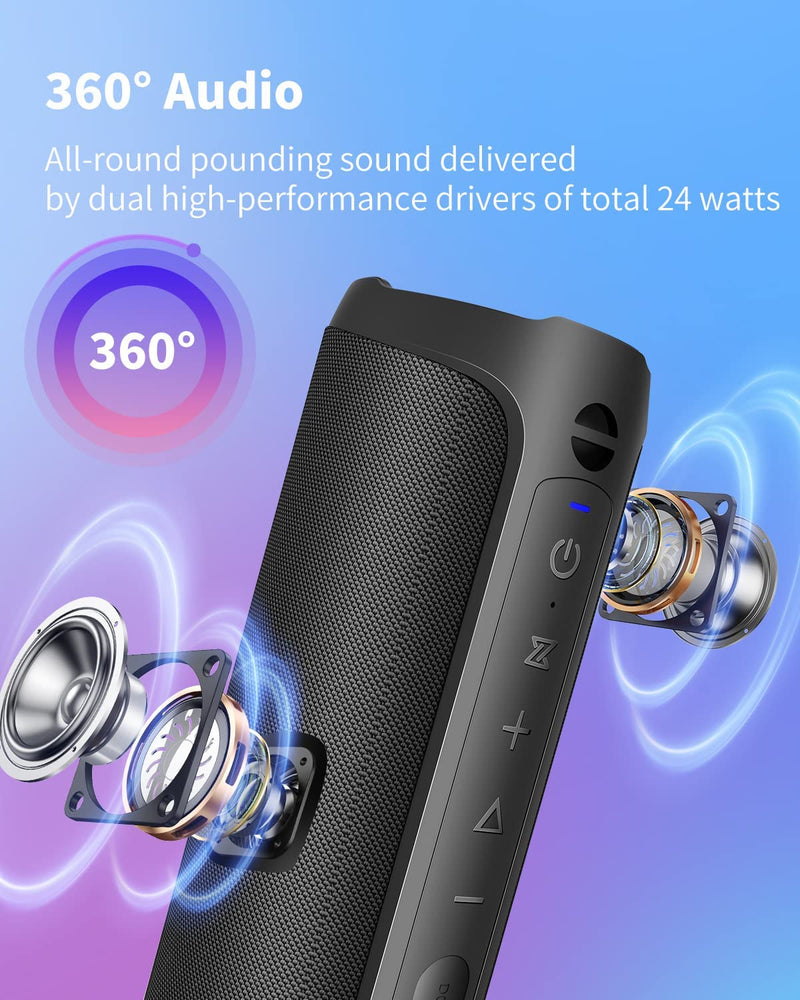  [AUSTRALIA] - Bluetooth Speaker with 24W Loud Sound - AUKTECH Portable Bluetooth Speakers(100FT Range), Enhanced Bass, LED Lights, IPX7 Waterproof, Built-in Mic, 24H Playtime for Home Party Outdoors 24 Watt Black