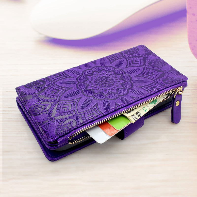  [AUSTRALIA] - Harryshell Compatible with iPhone 14 Pro Max 6.7 inch 5G 2022 Wallet Case Detachable Magnetic Cover Zipper Cash Pocket Multi Card Slots Holder Wrist Strap Lanyard (Floral Purple) Floral Purple