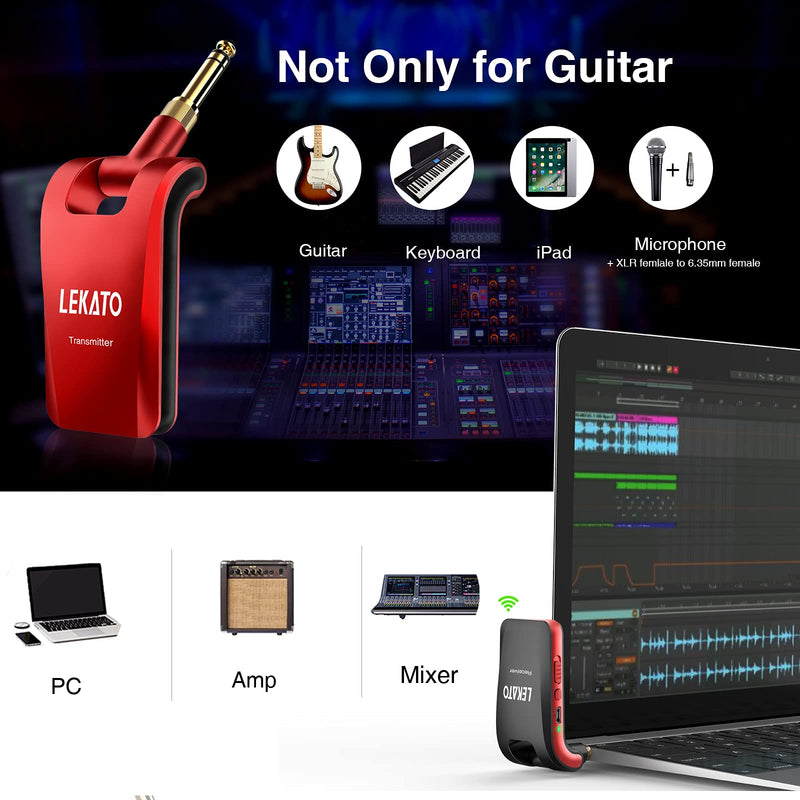  [AUSTRALIA] - LEKATO 2.4GHz Wireless Guitar System Built-in Rechargeable Lithium Battery Digital Transmitter Receiver for Electric Guitar Bass with 6 Channels, Stereo and Mono 1/4” & 1/8” 2 in 1 Plugs (Red & Black) red