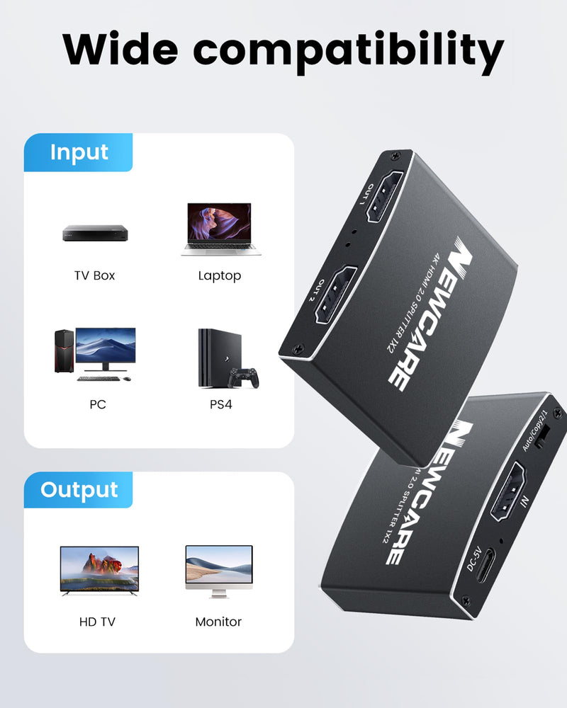  [AUSTRALIA] - 4K@60Hz HDMI2.0b Splitter Aluminum【with 3.9FT HDMI Cable】,NEWCARE HDMI Splitter 1 in 2 Out (Duplicate/Mirror),Powered Splitter for Dual Monitors Support HDCP2.2,1080P 120hz, 3D, Full HD TV Xbox PS5 4K@60Hz HDMI Splitter Black