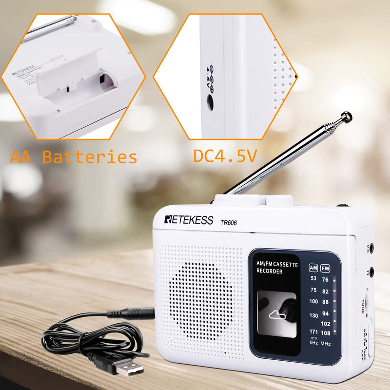  [AUSTRALIA] - Retekess TR606 Portable Cassette Players Recorders, AM FM Radio Tape Player, Powered by DC or AA Battery with Recorder and AUX Input (White)