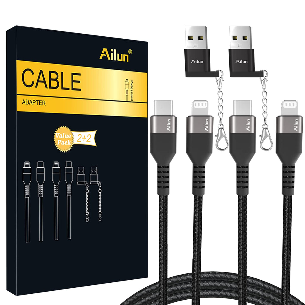  [AUSTRALIA] - Ailun USB C to Lightning Cable 2Pack [6ft MFi Certified] Cord for iPhone 13/12 Pro Max/12/11 Pro/X/XS/XR/and USB C Female to USB A Male Adapter with Keychain 2Pack