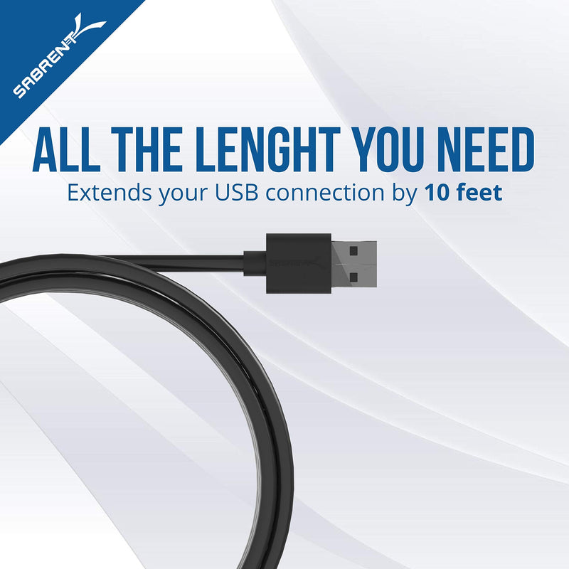  [AUSTRALIA] - SABRENT 22AWG USB 2.0 Extension Cable - A-Male to A-Female [Black] 10 Feet (CB-2010)