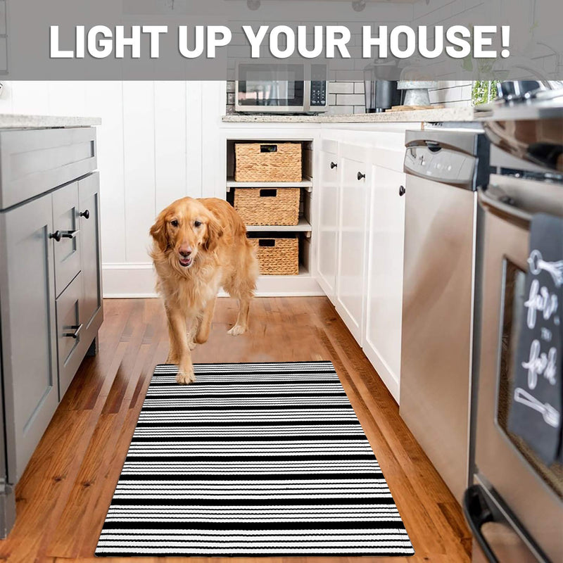  [AUSTRALIA] - Cotton Black and White Striped Rug Outdoor Doormat 27.5 x 43 Inches Washable Woven Front Porch Decor Outdoor Indoor Welcome Mats for Front Door/Kitchen/Farmhouse/Entryway/Home Entrance Black Rug Black and White (Narrow Stripe) 27.5"×43"