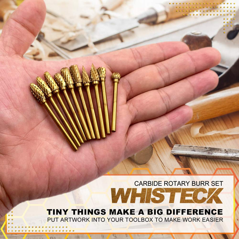 WHISTECK Titanium Carbide Rotary Burr Set - 10pcs Double Cut Tungsten Steel Die Grinder Bits, 3mm(1/8") shank and 6mm(1/4") Head Size for Woodworking, Drilling, Metal Craving, Engraving, Polishing - LeoForward Australia