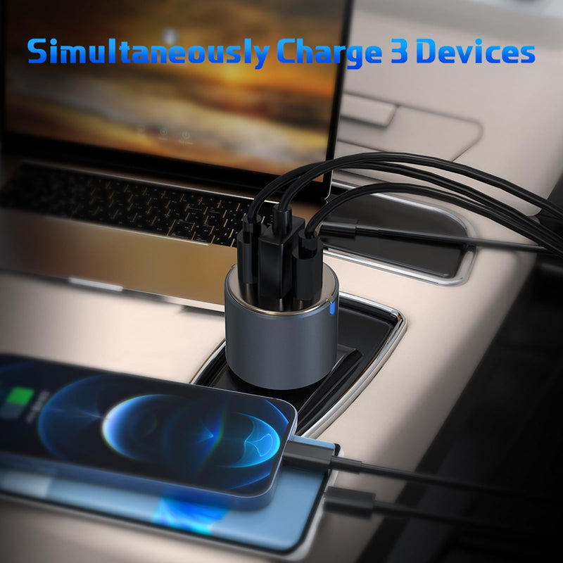  [AUSTRALIA] - 60w Car Phone Charger, USB C Car Charger, Three Charging Ports Car Charger, Cigarette Lighter USB Ultra Fast Charger with 1m Charging Cable for iPhone Ipad Samsung Android and Other Mobile Devices. Black