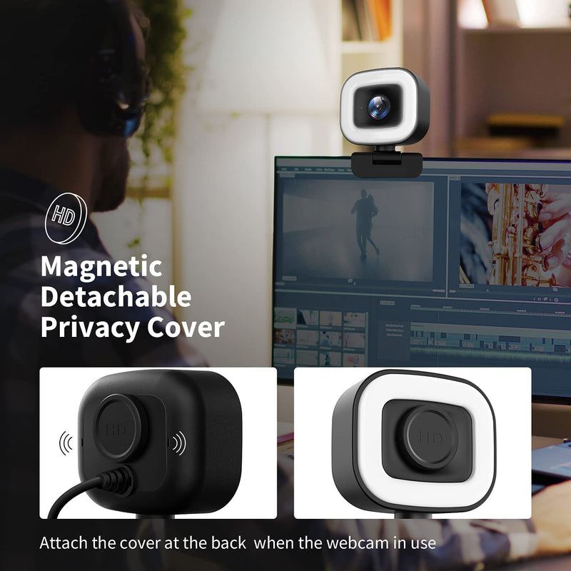  [AUSTRALIA] - 60FPS Webcam with Ring Light, Auto-Focus 1080P Web Camera with Dual Microphone and Privacy Cover，Streaming Webcam for YouTube, Skype, Zoom, Twitch, OBS, Xsplit and Video Calling