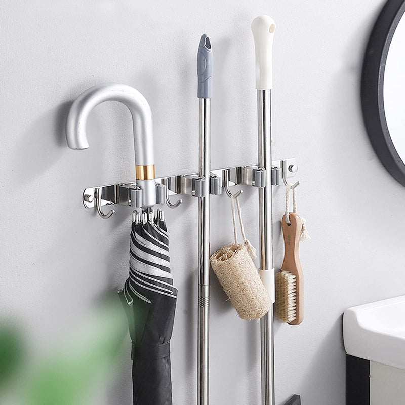  [AUSTRALIA] - Broom Mop Holder Wall Mount Cleaning Tool holder, Heavy Duty Stainless Steel Broom Hanger Rack Hook Organizer, Garage Storag Racks wall Mounted Broom Hanger for Home, Kitchen, Garden, Garage, Landry