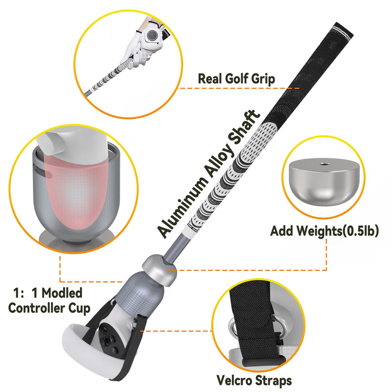  [AUSTRALIA] - ZHGM Weighted VR Golf Club Attachment for Meta Quest 2/ Oculus Quest 2, Aluminum Golf Club Handle Accessory with Realistic Grip& 2 Straps, 1: 1 Molded Controller Cup, Grey