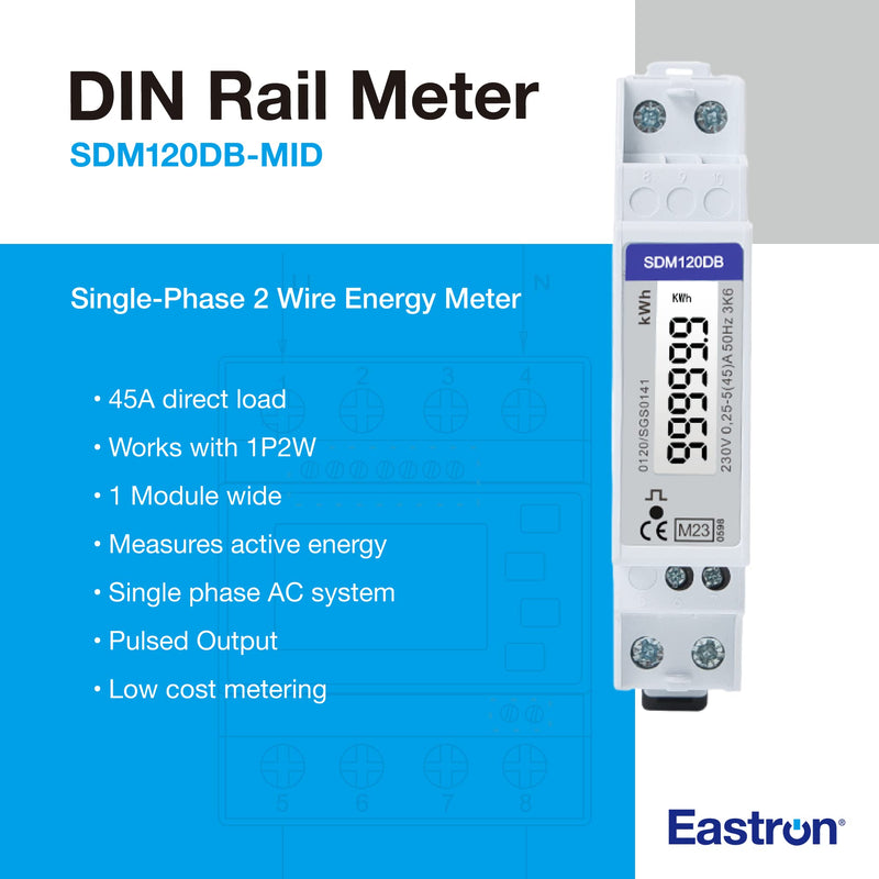  [AUSTRALIA] - Alternating current meter [SDM120] digital 1-phase electricity meter for DIN rail (1TE) with LCD and S0 for up to 45A direct measurement at 230V (SDM120DB - MID2023) SDM120DB - MID2023