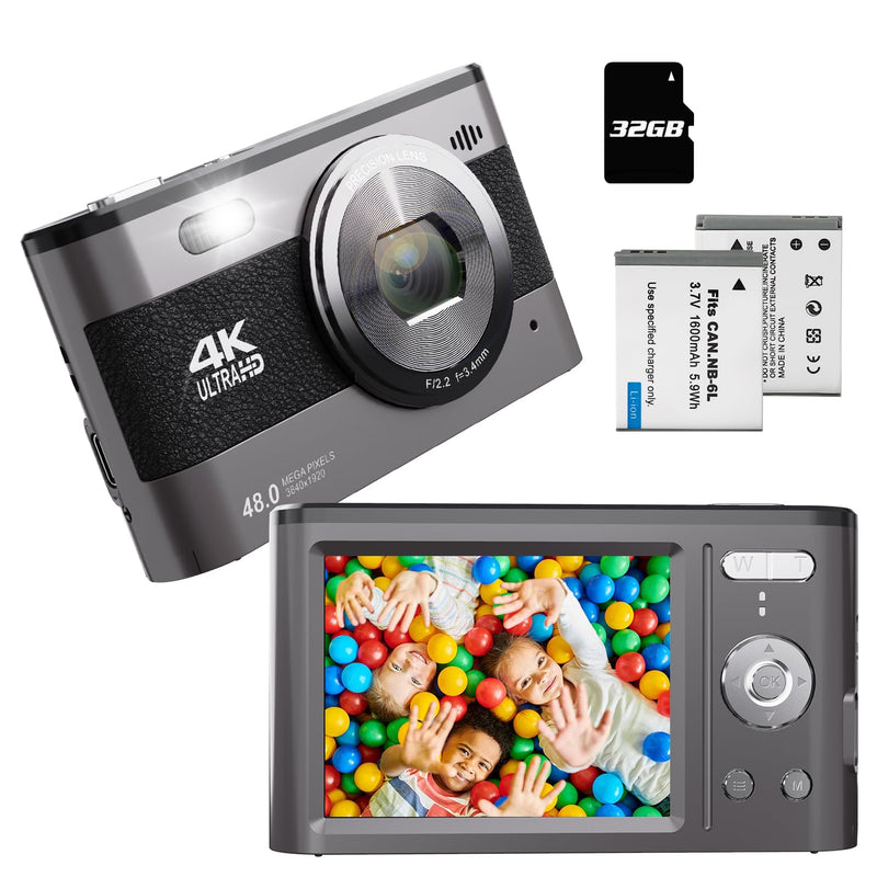  [AUSTRALIA] - Digital Camera, 4K 48MP Digital Camera for Kids Camera with 2.8 inch IPS Screen, Portable Compact Camera with 32GB TF Card and 2 Batteries for Beginners,Students,Teens (Black)