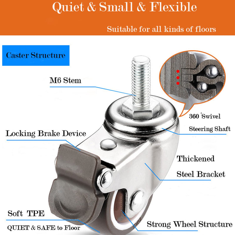  [AUSTRALIA] - Stem Casters, 360 Degree Swivel Stem TPR Wheels with Metric M6-1.0x15mm Thread Rods Replacement Industrial Castors for Carts, Furniture, Dolly, Workbench (2.0 inch Without Brakes) 2.0 inch without brakes