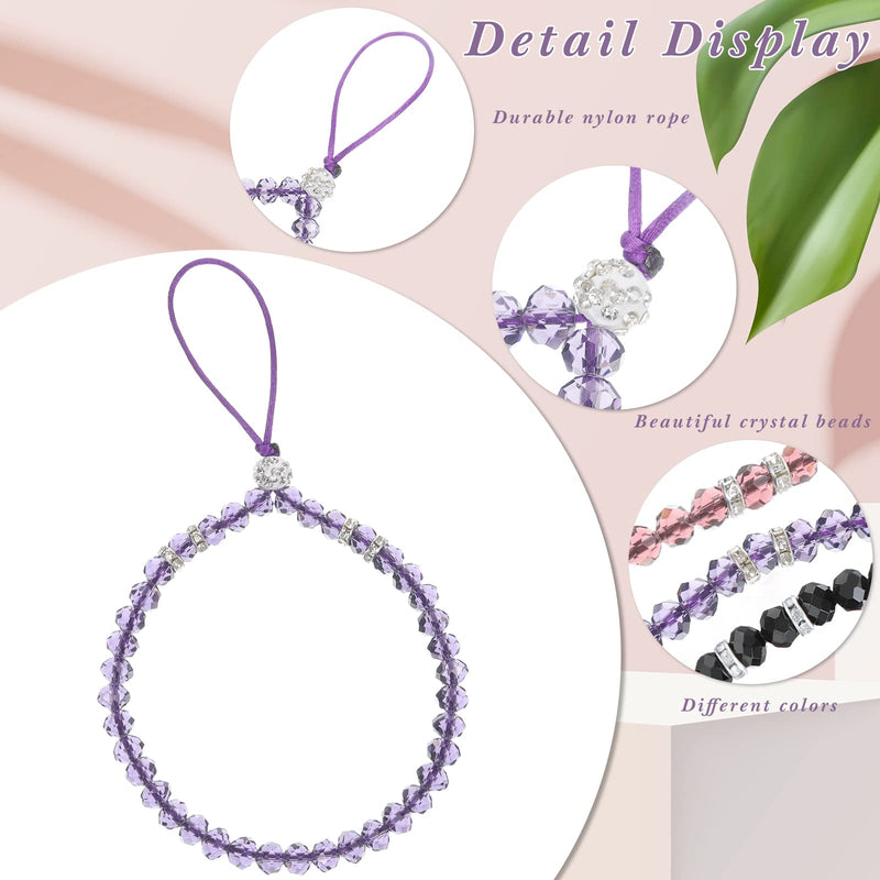  [AUSTRALIA] - 3 Pieces Cell Phone Lanyard Strap Phone Charm Bling Crystal Beads Hand Wrist Lanyard Strap Beaded Women's Wristlet Black, Purplish Red, Purple