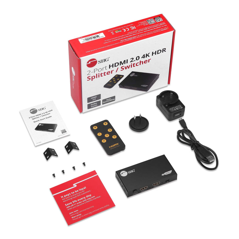  [AUSTRALIA] - SIIG 2x2 HDMI Splitter and Switch 4K 60Hz HDR, HDCP Bypass 2.2, EDID - Digital and PCM 7.1 Audio - IR Remote Control, 2 in 2 Out (CE-H26D11-S1)