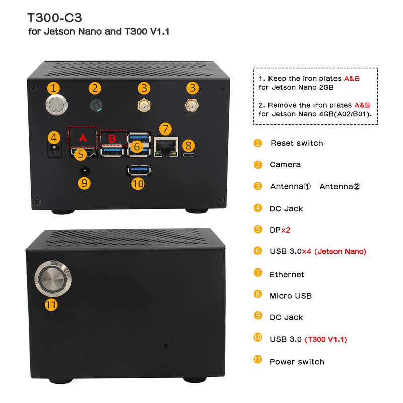  [AUSTRALIA] - Geekworm T300-C3 Metal Case with Power & Reset Switch & Camera Holder Compatible with Jetson Nano A02/B01/2GB and T300 V1.1 2.5 inch SATA SSD/HDD Shield