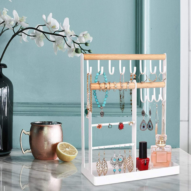  [AUSTRALIA] - Top-Spring Jewelry Stand Organizer, Necklace Earring Hanging Display Holder Stand, Rings Watches Metal Desk Organizer Stand with Storage Tray